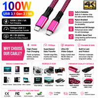 Cable USB 3.1 Gen 2 Tipo C a C LUNG KAY PD de 100W, Carga Rápida de 5A, Cable de Datos y Video de 10Gbps para MacBook, Notebook, Tablet, OEM Personalizado