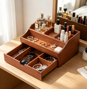 Plateau de vanité en bois de noyer avec logo personnalisé, organisateur de bureau à tiroirs divisés OEM pour le rangement de parfums, montres et lunettes de soleil, approvisionnement en gros - Product Image 1
