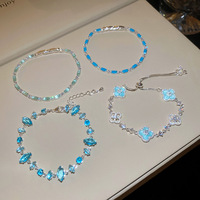 Joyería de Moda, Pulseras de Flores con Circones Azules Chapadas en Oro, Brazaletes de Diseño, Pulsera de Trébol