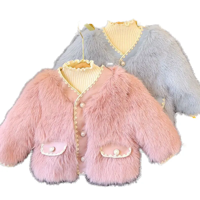 女の子の服3pcs子供服セット6-7年2024セータートップ暖かい毛皮のコートフレアパンツ子供のための甘い冬の服