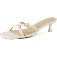 Haute qualité mignon bout carré marron cuir Pu deux sangles noires chaton talon talons bas sandales chaussures pour femmes