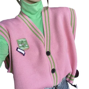 Giacca da ragazza verde rosa lavorata a maglia esterna primavera ragazza versione di contrasto cappotto corto in vita con scollo a v allentato femminile