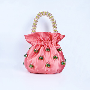 Ladies Fashion Open for <strong>Green</strong> Crystal Pearl Canvas <strong>Clutch</strong> with Drawstring Handmade Satin Handbag Purse Women Cross-Body Strap - Product Image 1