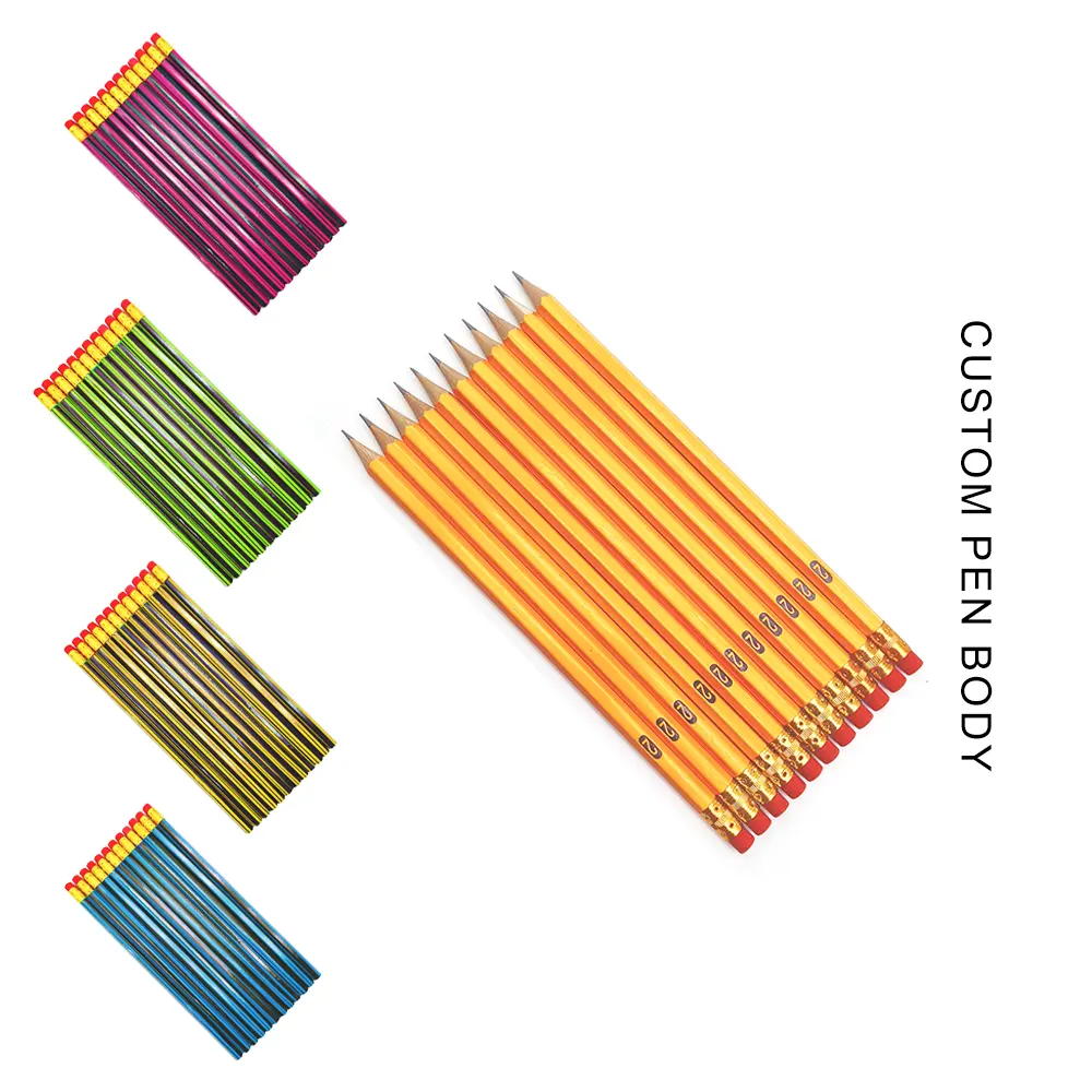 Persediaan seni pabrik pensil sekolah Tiongkok dipertajam heksagonal HB 12 buah pensil kuning kayu dengan penghapus