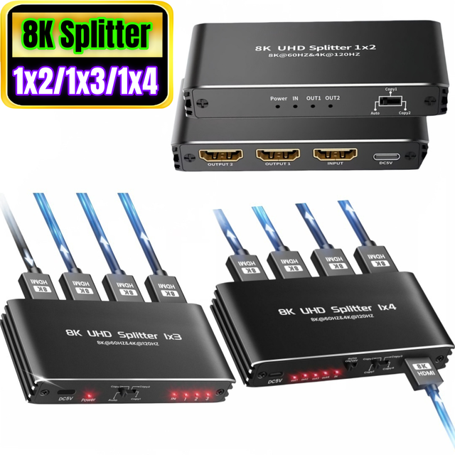 8K 60Hz HDMI Splitter 1 in 4 Out 1x4 1x3 1x2 HDMI 2.1 Splitter Support Dolby 4K 120Hz 1080P 240Hz HDCP2.3 HDR 10 EDID