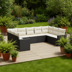 Ensemble de canapés de jardin blanc crème, meubles d'extérieur en rotin noir, 6 places, design contemporain - Product Image 2