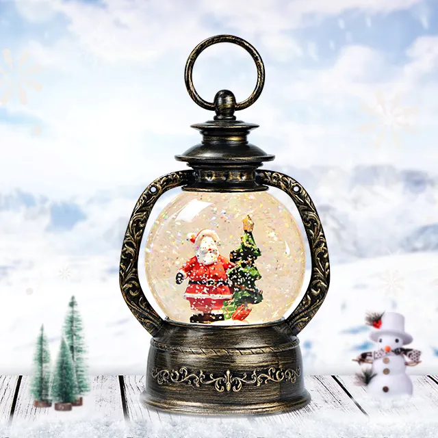 High Quality Home Decoration Plastic Material Bronze Classical Santa And Tree Christmas Water Globe Lantern