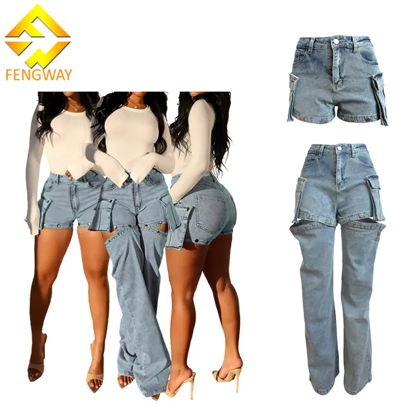 2024 desain baru celana Denim dapat dilepas celana pendek banyak saku + celana panjang kaki trendi melar Jeans dicuci untuk wanita