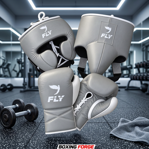 Fly Grey Leather Boxing Gear Set Lace Up Gloves Headgear <b>Groin</b> <b>Protector</b> for Adults - Product Image 3