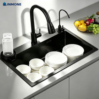 Fregadero de cocina de un solo seno de acero inoxidable 304 negro nano, hecho a mano, con lavavasos y grifo extraíble