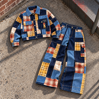 Ensemble veste en jean patchwork à carreaux personnalisée et jean cargo à jambe droite pour homme, fabricant de streetwear OEM ODM