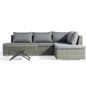 Design moderno 3 pezzi Set di mobili da esterno usato in resina vimini divano e tavolino con struttura in metallo per Patio ad angolo
