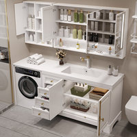 Meuble de salle de bain et armoire de buanderie en chêne américain sur mesure, avec lavabo intégré