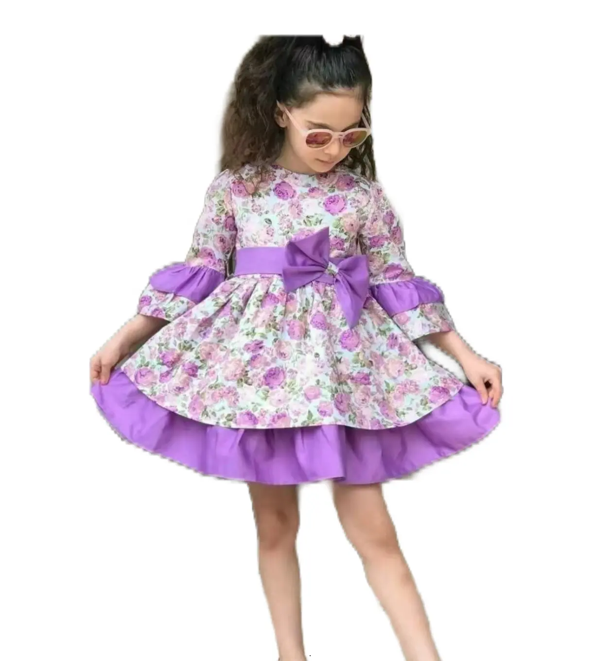 2022 милое нарядное 10 лет девочек костюмированное платье для дня рождения, праздничное платье для девочки с цветочным миди цветы слоев с О-образным вырезом, детское платье с длинным рукавом