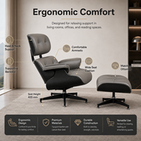 Fauteuil lounge en cuir style hôtelier avec ottoman, chaise en contreplaqué moulé inspirée d'Ames pour mobilier d'aire de réception, personnalisable B2B