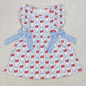 Vestido de Verano RTS para Niña Pequeña, Diseño Patriótico del Día de la Independencia del 4 de Julio con Estampado de Bandera Americana y Lazos Azules - Product Image 4