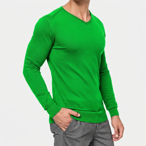 Pull en maille à col rond pour homme, vert uni, doublé en polaire, coupe classique, vêtements d'hiver décontractés, 100% coton, design personnalisé OEM - Product Image 3