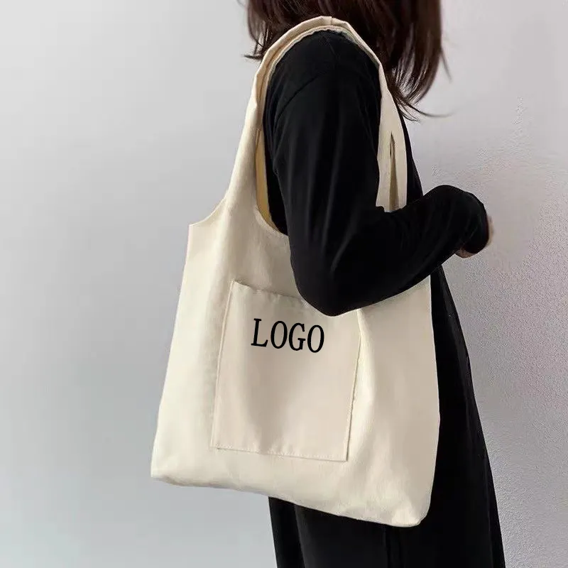 Logo personnalisé d'usine imprimé uni réutilisable grande pochette extérieure sac fourre-tout en toile de coton avec poche