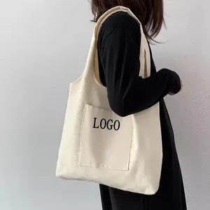 Fabrika özel Logo baskı düz kullanımlık büyük dış kese pamuk kanvas sepet alışveriş çantası cep