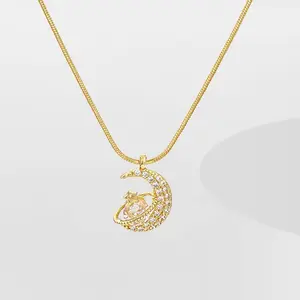 In Stocks Fashion Jewelry Necklace 18k Gold Plated Star Moon Zircon Necklace For Women