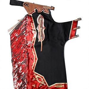 Men Western <b>Chaps</b> Leather Red Fringe Buckle Closure <b>Riding</b> Apron - Product Image 1