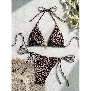 FOXA Conjunto de bikini de 2 piezas con estampado de leopardo para mujer, traje de baño triangular con cordón, conjunto de verano - Product Image 2