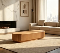 Table basse contemporaine moderne en chêne américain cannelé ovale, multifonctionnelle et personnalisable, meubles de salon Mulholland