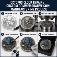 Pièce commémorative 3D personnalisée en relief, pièce de défi steampunk Octopus Clock Repair, cadeau souvenir, vente en gros, usine OEM ODM