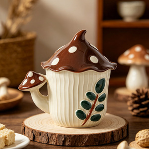 Caneca em Forma de Cogumelo com Tampa, Copo Cerâmico para Uso Doméstico, Estiloso para Café e Leite, Série Cogumelo para Mulheres - Product Image 3