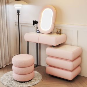 Creamy Style Beige Solid Wood Rock Slab <b>Dressing</b> <b>Table</b> - High-Grade Bedroom <b>Makeup</b> Desk with Integrated Storage Chest - Product Image 1