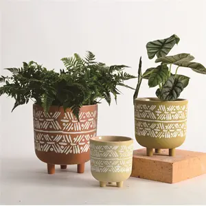 Artistic Speckled Glaze Hand Pianted Pattern Living Room Crockery Ceramic Planter Pot for Flower with Three Legs