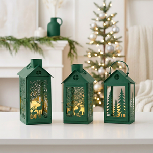 Decoración Navideña 2026, Faroles de Metal con Forma de Casa en Color Verde, con Recortes de Ciervos y Árboles - Product Image 6