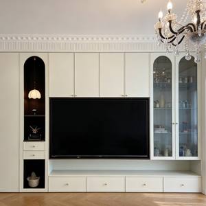 Meuble <span class=keywords><strong>TV</strong></span> mural intelligent de luxe, design moderne personnalisé <span class=keywords><strong>avec</strong></span> <span class=keywords><strong>niche</strong></span> cintrée et étagères en verre pour salon - Product Image 2