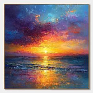 Peinture à l'huile murale artisanale Paysage marin au coucher du soleil vibrant Toile texturée abstraite douce pour la décoration du salon et de la chambre - Product Image 1