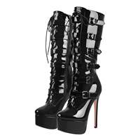 Bottes hautes pour femmes style punk gothique, en cuir verni noir, avec plusieurs boucles, lacets, plateforme, talon aiguille, sexy, pour les soirées en boîte de nuit