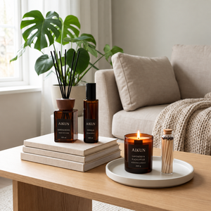 Aikun - Juego de Difusor de Aroma con Varillas de Madera y Vela Aromática en Envase de Vidrio Ámbar de 100 ml, Spray para Habitaciones, Embalaje de Marca OEM ODM para Decoración del Hogar - Product Image 1