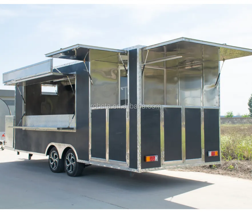 Open mobile food truck trailer for barbeque with deck teak balcony concession trailer food with porch