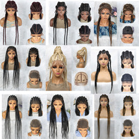 Perruque Tressée Boîte Sans Nœuds Carrée, Pleine Lace Front Double, Synthétique Légère Ombrée Marron Clair Tressée à la Main, En Gros