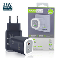 US EU Plug 25W PD3.0 Chargeur rapide avec lampe de nuit pour téléphone portable et ordinateur portable USB Type-C OTP/OVP Protection