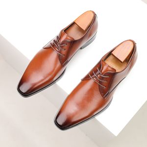 Zapatos Oxford de vestir con punta en pico de cuero genuino marrón, con cordones, punta lisa, suela de goma, para todas las estaciones, envío directo. - Product Image 2