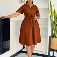 Robe de bureau tendance pour femme, coupe évasée, col en V, taille haute, manches courtes à volants, ceinture africaine, style professionnel
