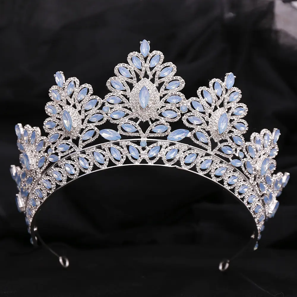 Wholesale Women's Crystal Wedding Sky Blue Tiara Large Crowns And Luxury Bridal Blue Opal Tiaras Rhinestone For Hair