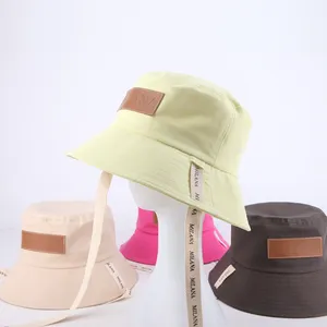 Wholesale Custom Women Fashion Leather Label Sided Wide Brim Summer Sun Shade Fisherman Tie Rope Cotton Bucket Hat Caps