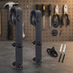 Kit de quincaillerie pour porte de grange de type J, roulettes de guidage silencieuses en acier, roulettes pour porte coulissante, design industriel, finition noir sable, faible bruit - Product Image 3