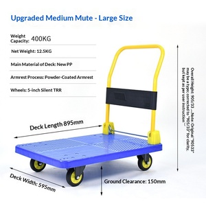 Blue Plastic Platform Hand <b>Cart</b> with Four Wheels and Yellow Handle Portable Cargo Trolley - Product Image 3
