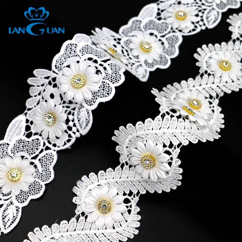 High Quality Embroidery 100% Polyester Water Soluble Pearl Flower Beads Sewing Embroidery Lace Edge Trim Ribbon