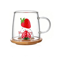 Tasse en verre à motif fraise avec couvercle en bambou et infuseur à thé, en borosilicate, avec poignée, motif fruits, pour thé et eau
