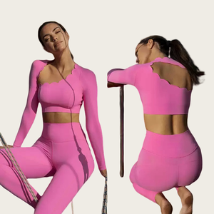 ชุดออกกำลังกายลายคลื่นแบบสแกลลอป แขนยาว เสื้อครอปเปิดหลังแบบอสมมาตร กางเกงเอวสูง สำหรับผู้หญิง เหมาะสำหรับฟิตเนสและโยคะ - Product Image 1