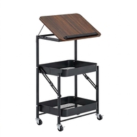 Chariot utilitaire roulant personnalisé ODM avec plateau inclinable imitation bois et panier de rangement en métal grillagé pour la maison, le bureau et les approvisionnements en gros