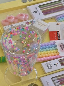 Taza de café y <span class=keywords><strong>leche</strong></span> de vidrio de borosilicato de doble capa con diseño moderno, estrellas de colores y lentejuelas, portátil, al por mayor - Product Image 6